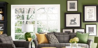 Trang trí phòng khách đẹp với màu xanh lá và sắc xám