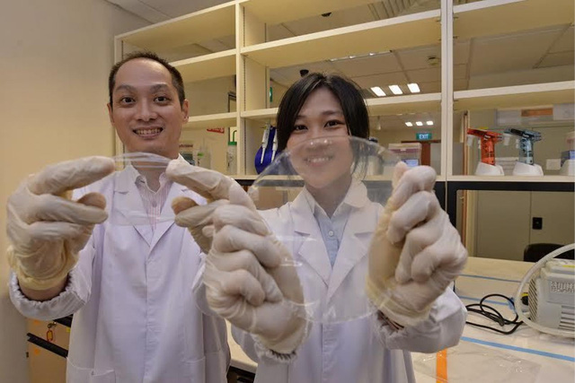 Phó giáo sư Thian Eng San(trái) và nhà nghiên cứu Tan Yi Min(phải) cùng loại màng polyme họ đang nghiên cứu