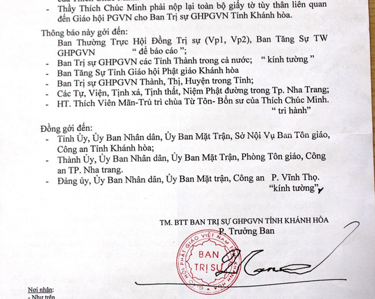 Thông báo không chấp nhận ông Thích Chúc Minh là thành viên tăng của Giáo hội Phật giáo Việt Nam tỉnh Khánh Hòa