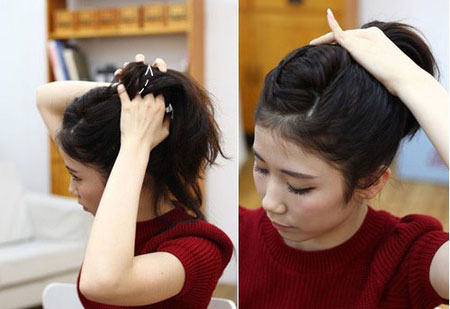 Bước 5: Dùng tay đánh bồng phần chân tóc để tạo độ phồng cho búi tóc khi thực hiện xong.