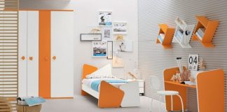 Another gender neutral scheme, this sunny orange and white number with cool blue touches is bright and fun. A few wooden elements adds a tiny dash of sophistication for maturing teenagers. A quirky desk area may help to make study time a little bit more attractive.
