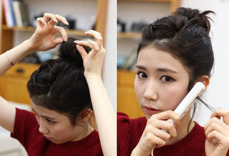 Bước 8: Dùng tay gỡ bồng búi tóc, đồng thời là thẳng các lọn tóc thừa hai bên tai.
