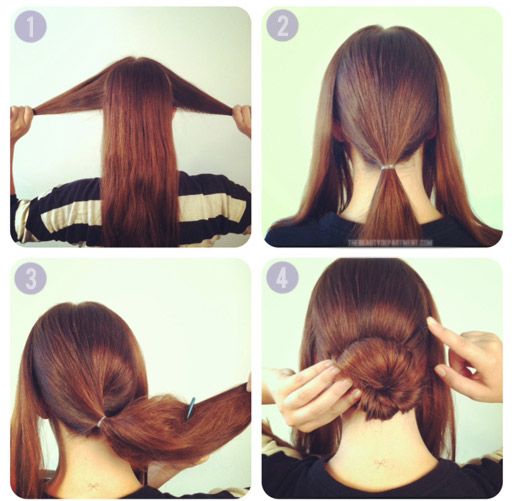 Trước tiên chia tóc thành ba phần, cột đuôi tóc lại. Dùng lược đánh rối đuôi tóc và búi tóc tròn.