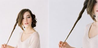 Chuẩn bị máy uốn xoăn và ghim để cố định tóc. Cô dâu dùng máy, uốn tóc thành từng lọn to, từ đằng trước ra phía sau. Chọn một lọn tóc dày và dùng tay xoắn từ chân cho đến ngọn sao cho các sợi tóc nhỏ không bị xòe ra.