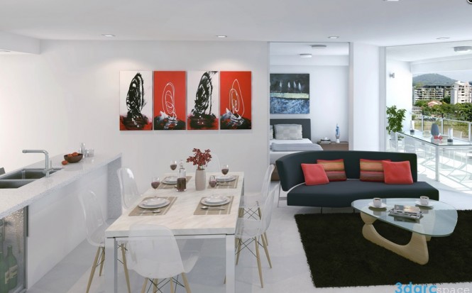 Via 3D Arc SpaceThis white-based apartment creates a color story with cleverly spaced home accessories, such as throw cushions, wall paintings, floral arrangements and even fruit. The red choices really inject a lot of warmth into the otherwise cool hues, and bring an overall more vibrant finish.