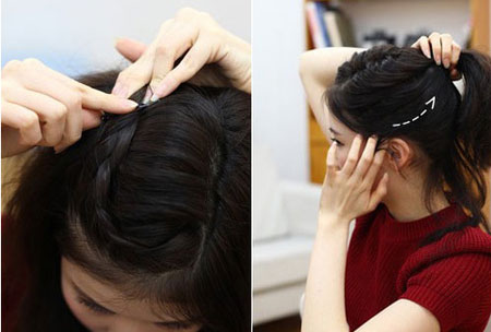 Bước 4: Dùng ghim, cố định đuôi lọn tóc tết lại. Kéo tóc hai bên mang tai lên phía đỉnh đầu.