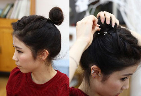 Bước 7: Sau khi búi tóc, bạn dùng ghim cố định lại để phần tóc búi không bị bung ra khi vận động.