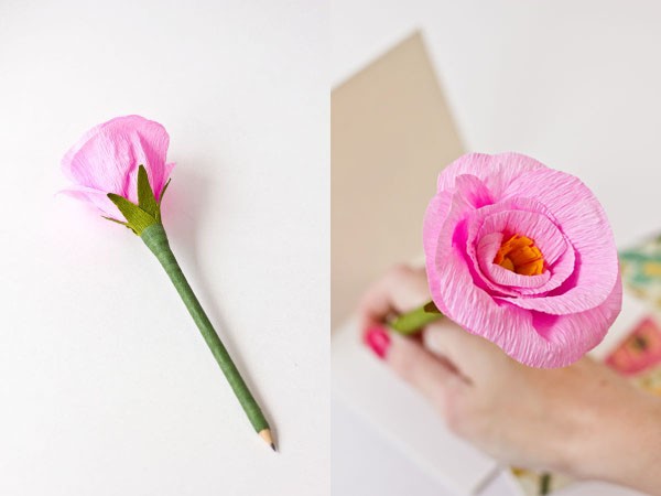 Cách làm hoa hồng bằng giấy nhún đính trên bút chì