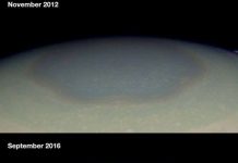 Đám mây lục giác trên sao Thổ chuyển màu vàng khi giao mùa