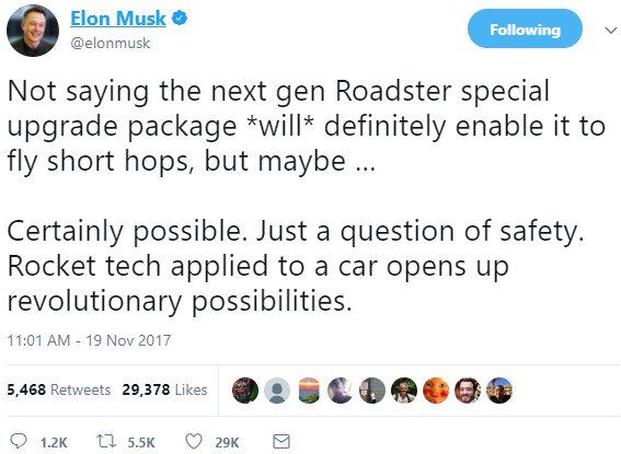 Trong tương lai, xe Tesla Roadster của Elon Musk còn có thể bay được