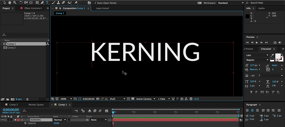 Phím tắt: Điều chỉnh Kerning trong After Effects